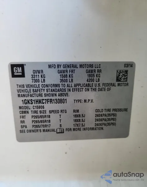 2015 GMC Yukon Xl C1500 Slt z USA, uszkodzony, nr VIN 1GKS1HKC7FR130801